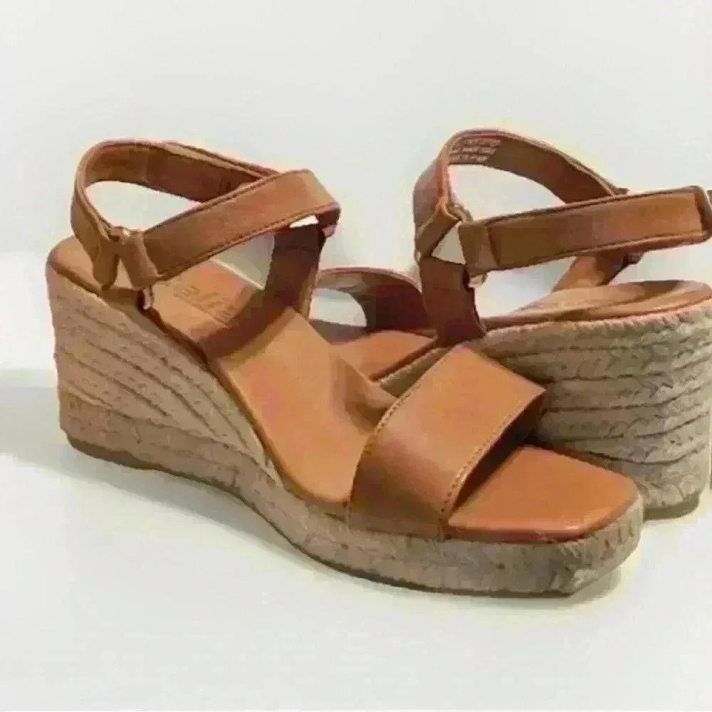 Jutelia Women's Leather Espadrilles Raffia‎ Braided Wedge Cognac Brown Size 7.5